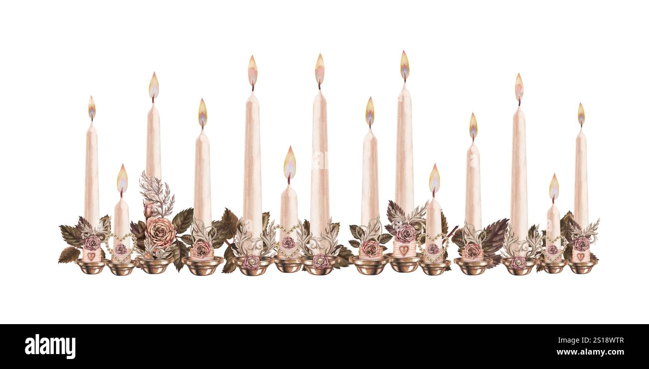 Ensemble vintage de chandeliers, bougies avec des flammes brûlantes, symboles de cœur, perles, roses rose-brun dans une délicate palette de mousse moka. modèle d'aquarelle Banque D'Images
