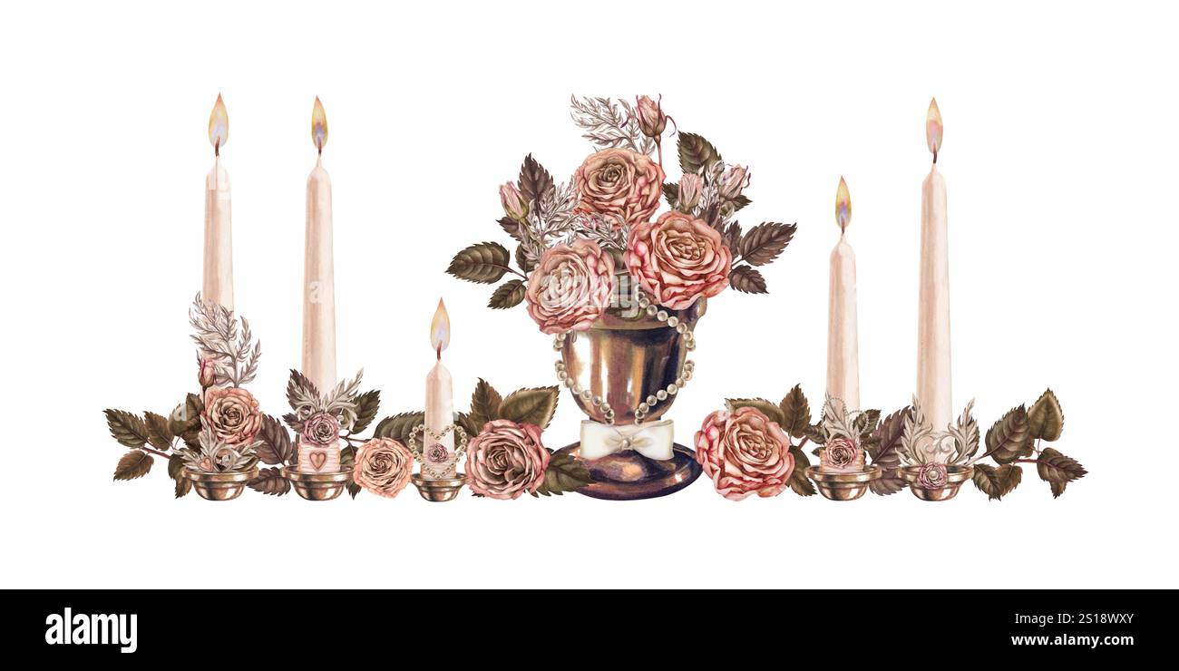 Ensemble vintage de chandeliers, bougies avec des flammes brûlantes, symboles de cœur, perles, vase en bronze avec des roses rose-brun dans une délicate palette de mousse moka. Banque D'Images