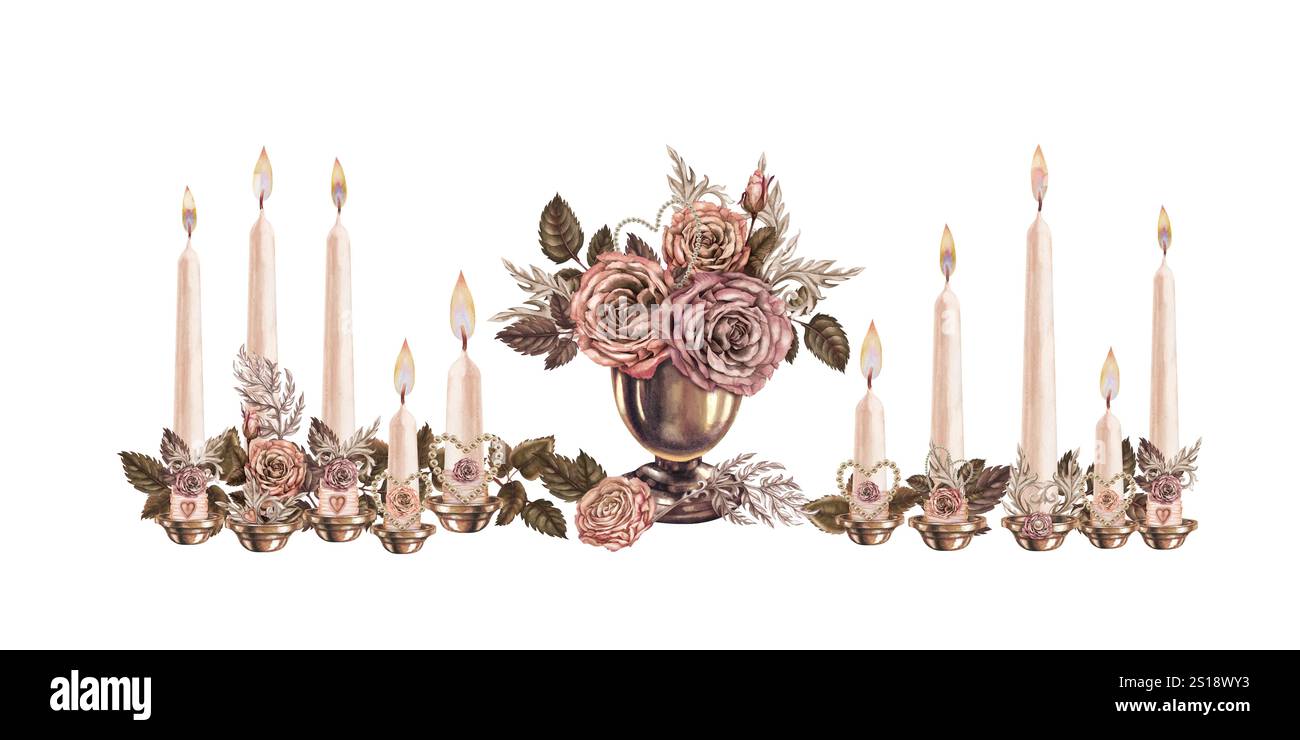 Ensemble vintage de chandeliers, bougies avec des flammes brûlantes, symboles de cœur, perles, vase en bronze avec des roses rose-brun dans une délicate palette de mousse moka. Banque D'Images