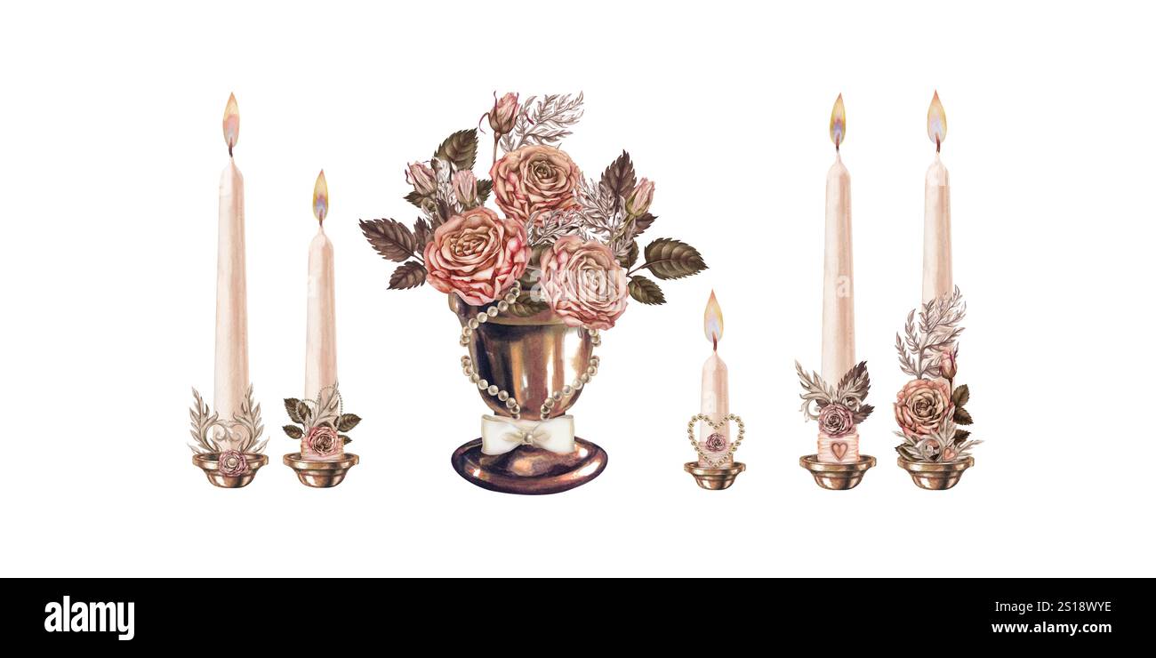 Ensemble vintage de chandeliers, bougies avec des flammes brûlantes, symboles de cœur, perles, vase en bronze avec des roses rose-brun dans une délicate palette de mousse moka. Banque D'Images