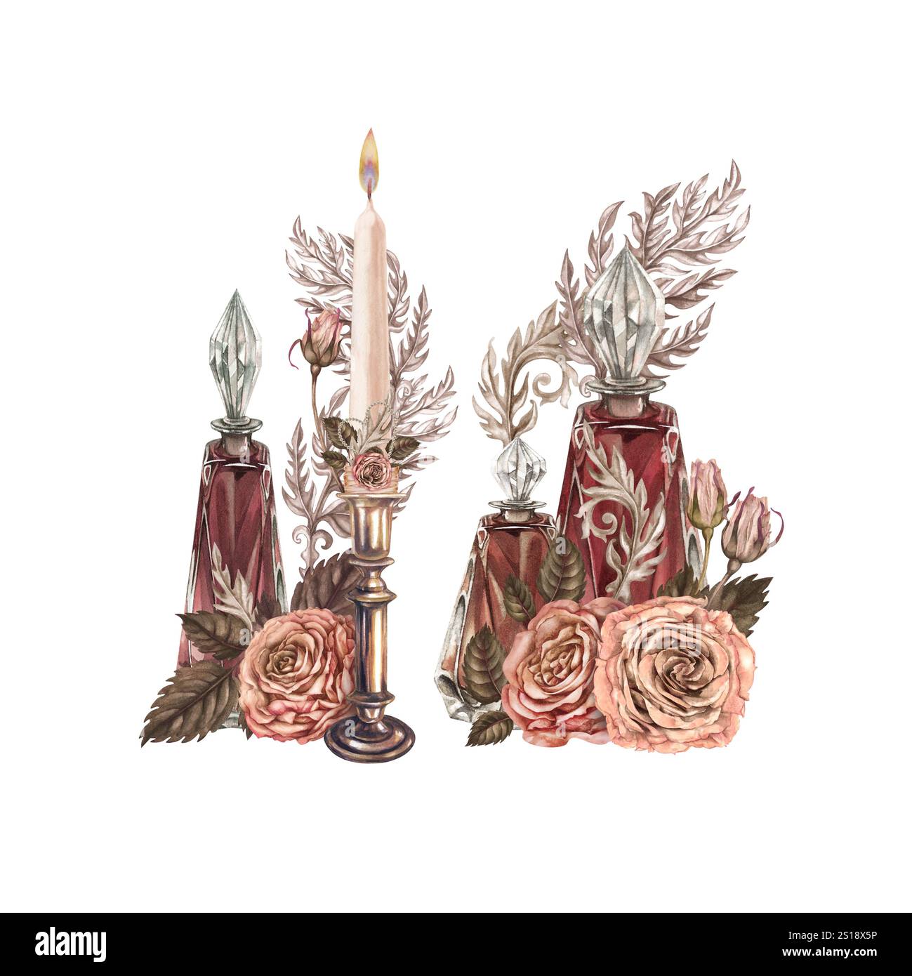 Bouquet vintage de roses rose-brun, parfums, chandeliers, bougies, symbole de cœur dans une délicate palette de mousse moka. Modèle d'aquarelle pour mariage Banque D'Images