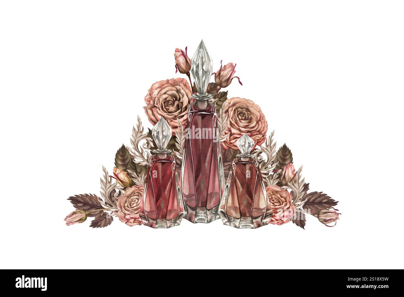 Bouquet vintage de roses rose-brun, parfums, chandeliers, bougies, symbole de cœur dans une délicate palette de mousse moka. Modèle d'aquarelle pour mariage Banque D'Images