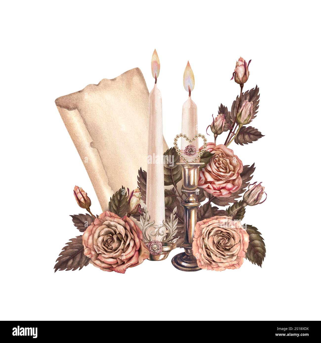Bouquet vintage de chandeliers, bougies, feuille roulée de vieux papier, décoré de roses rose-brun avec un symbole de coeur dans un délicat moka mousse PA Banque D'Images