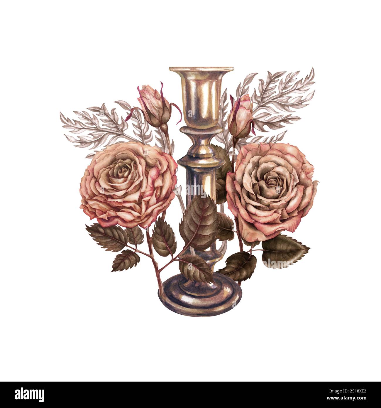 Bouquet vintage de chandelier avec une flamme brûlante, décoré de roses roses et brunes avec un coeur dans une délicate palette de mousse moka. Watercolo Banque D'Images