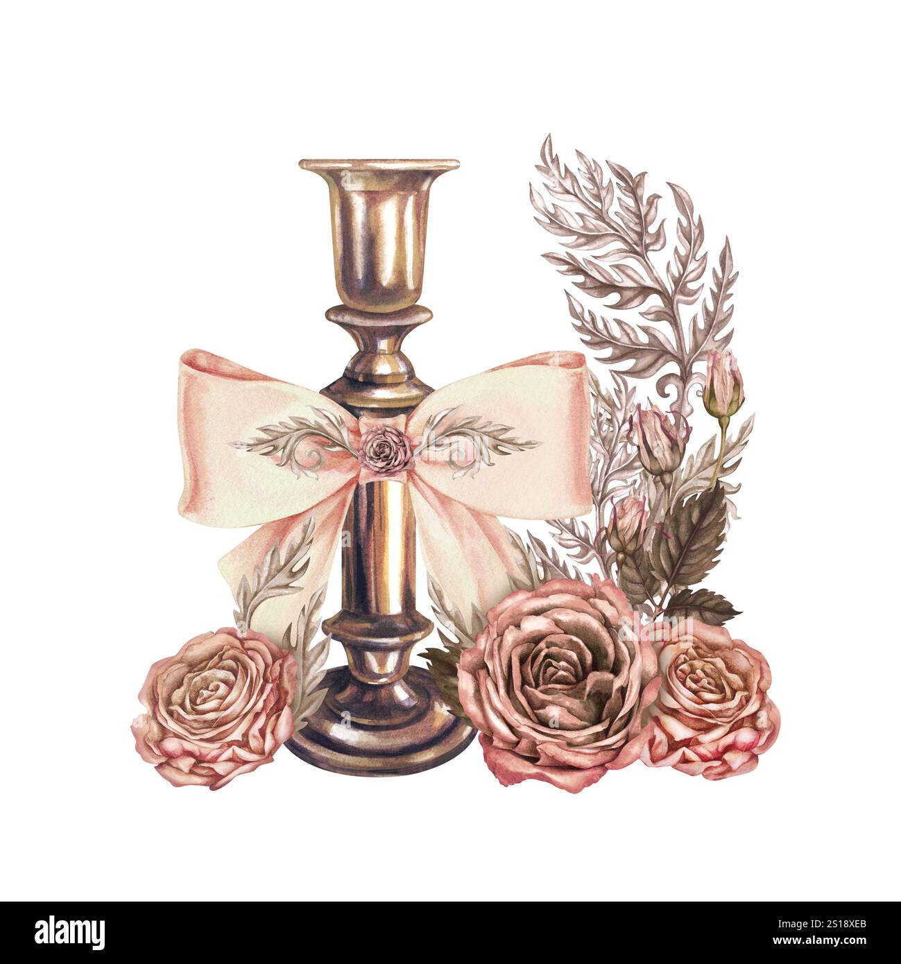 Bouquet vintage de chandelier en bronze avec noeud beige, décoré de roses roses roses et brunes avec un coeur dans une délicate palette de mousse moka. Watercol Banque D'Images
