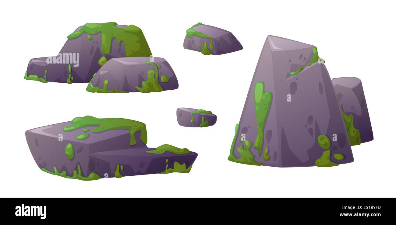 Blocs de pierre recouverts de mousse et rochers marécageux ensemble - rochers gris avec des taches de boue verte, formations en forme de montagne, surfaces altérées et textures rugueuses. Actifs de l'environnement naturel pour le paysage de jeu Illustration de Vecteur