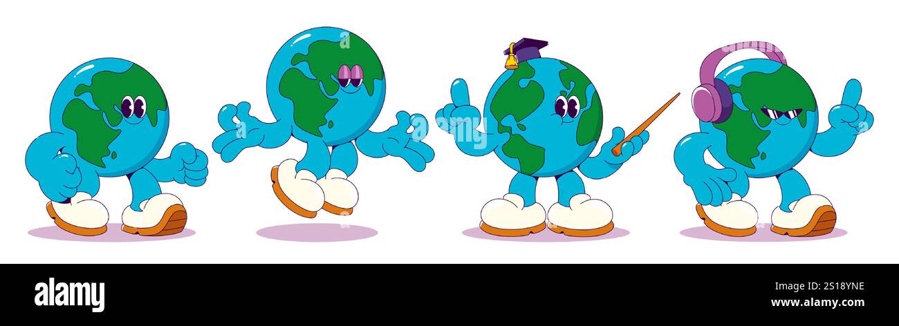 Personnages de terre groovy ensemble isolé sur fond blanc. Illustration de dessin animé vectoriel contemporain de globes de y2k avec des visages souriants marchant, sautant, portant des écouteurs et chapeau académique, mascottes de l'école Illustration de Vecteur