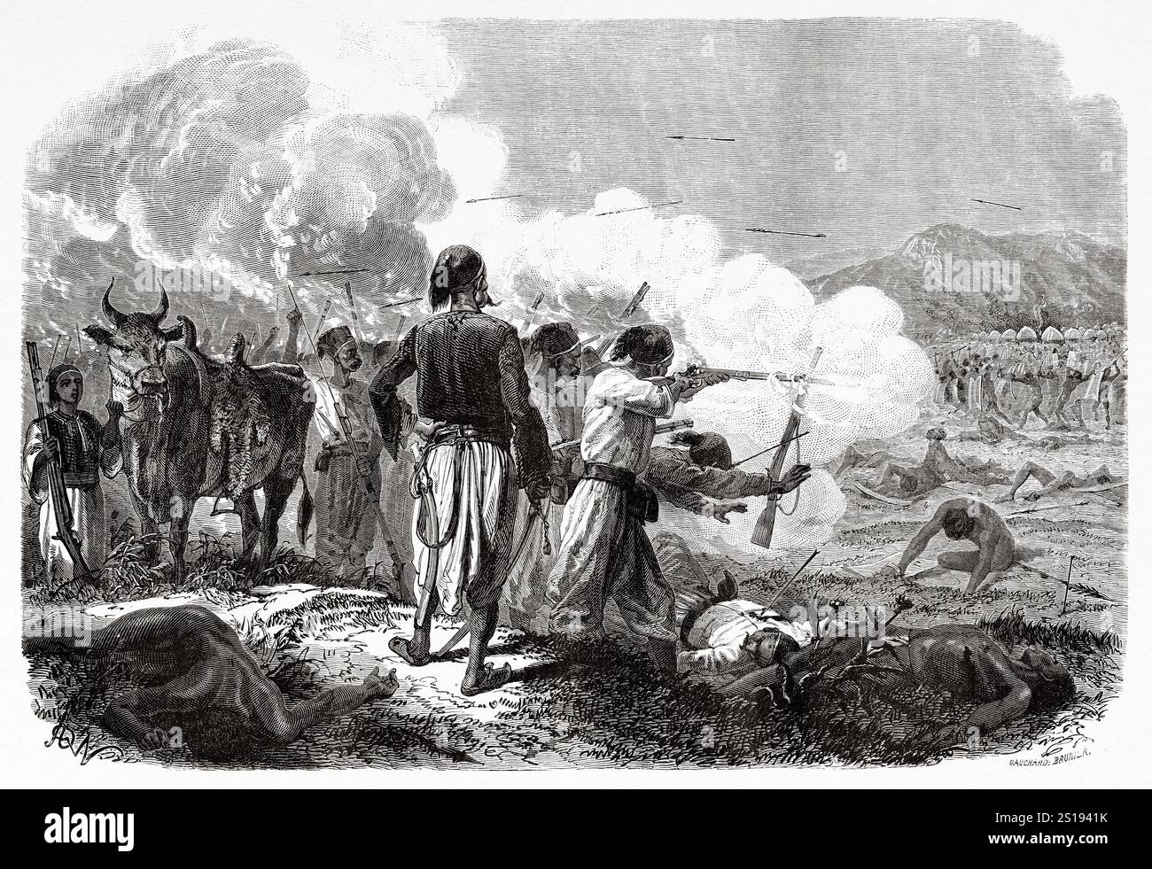 Confrontation entre les troupes turques et la population indigène du Haut-Nil Riever, Ouganda. Afrique de l'est. Dessin d'Alphonse de Neuville (1835-1885) voyage au lac Albert, 1861-1864 de Samuel White Baker (1821-1893) le Tour du monde 1867 Banque D'Images