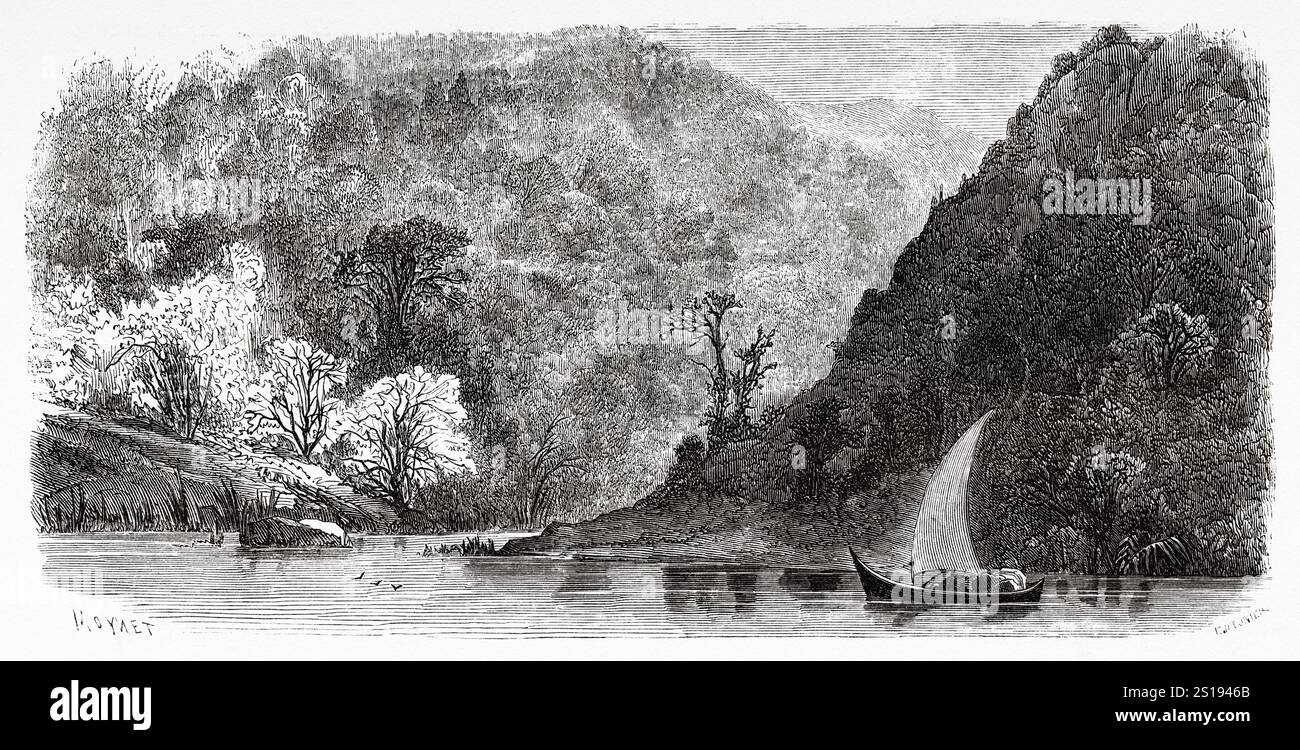 Bateau de pêche sur la Volga. Russie, dessin de Moynet, de la Volga par Jean-Pierre Moynet (1819-1876) le Tour du monde 1867 Banque D'Images