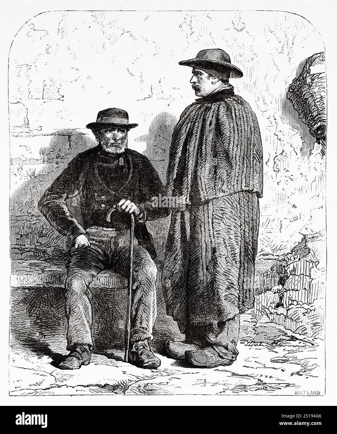 Pierre Lothe et Pere Garnier, maîtres mineurs d’Epinac, France. Europe, dessin d'Alphonse de Neuville (1835-1885) le Creusot et les mines de Saone-et-Loire, 1865 de Louis Laurent Simonin (1830-1886) le Tour du monde 1867 Banque D'Images