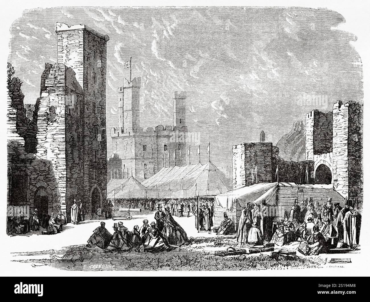 Château de Caernarfon, pays de Galles, dessin d'Eugène Grandsire (1825-1905) voyage au pays de Galles, 1862 d'Alfred Erny (1838-1903) le Tour du monde 1867 Banque D'Images