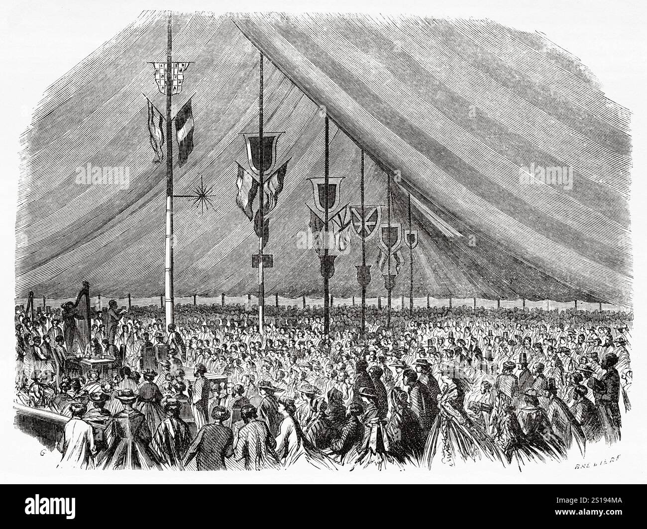 Le festival gallois traditionnel d'Eisteddfod, Caernarfon. Pays de Galles, dessin d'Eugene Grandsire (1825-1905) voyage au pays de Galles, 1862 d'Alfred Erny (1838-1903) le Tour du monde 1867 Banque D'Images