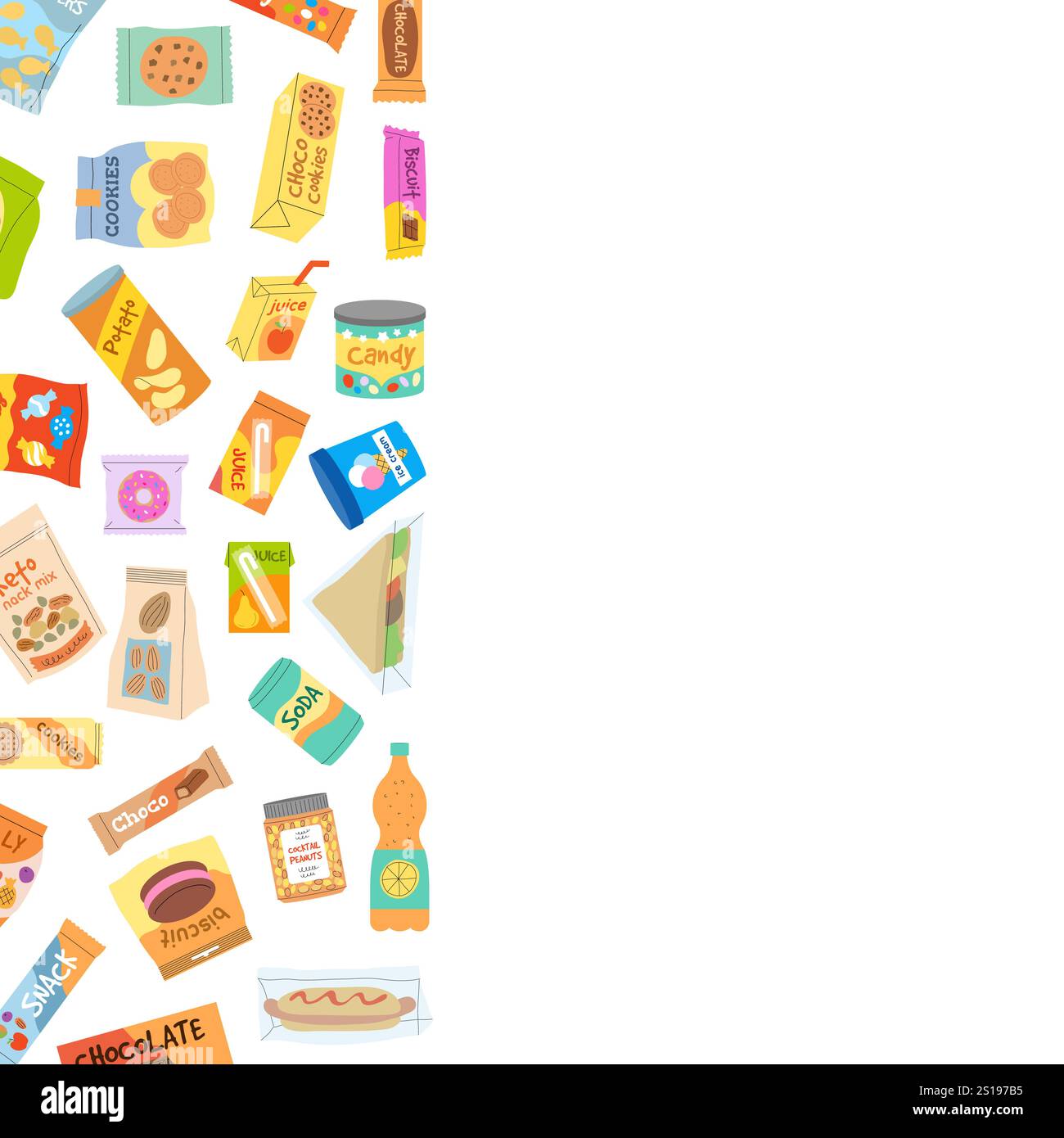 en-cas. malbouffe pour grignoter rapidement des barres de chocolat glacées boissons froides sandwichs. arrière-plan vectoriel avec place pour le texte Illustration de Vecteur