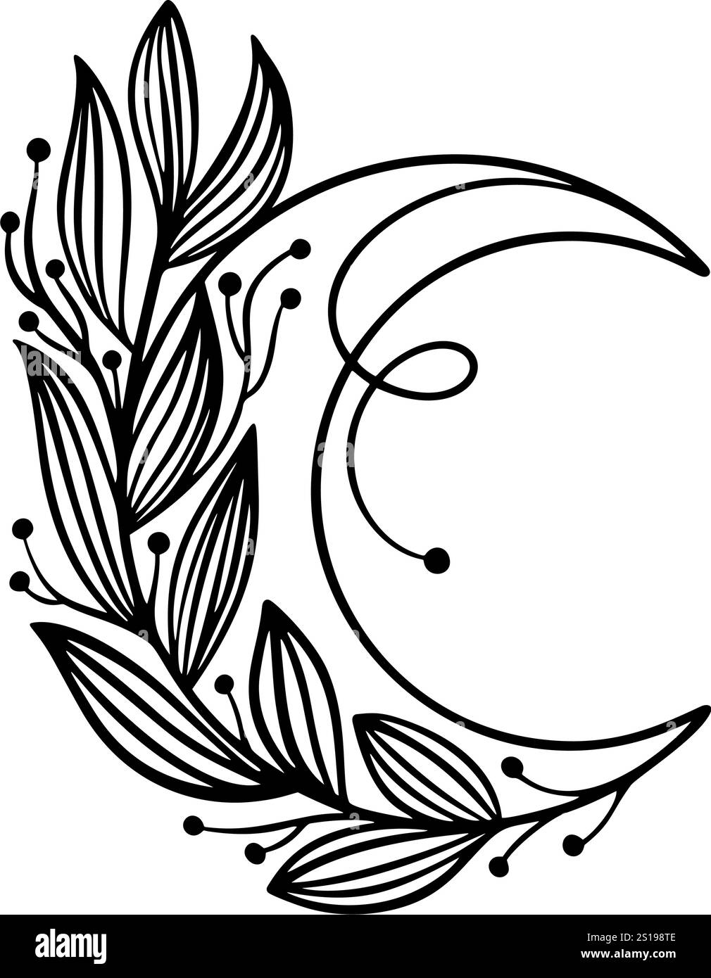 Clipart de lune florale. Phase de lune et ensemble de fleurs. Icône de lune noire. Eléments isolés du croissant céleste. Fleur de croissant dessinée à la main. Lune boho sorcière Illustration de Vecteur