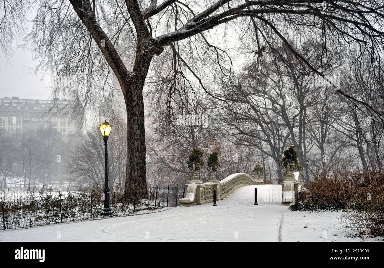 Bow Bridge, Central Park, New York City pendant la tempête de neige Banque D'Images