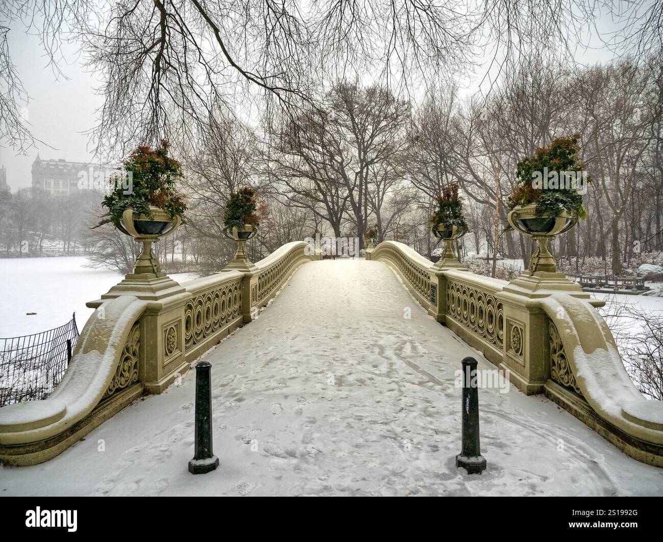 Bow Bridge, Central Park, New York City pendant la tempête de neige Banque D'Images