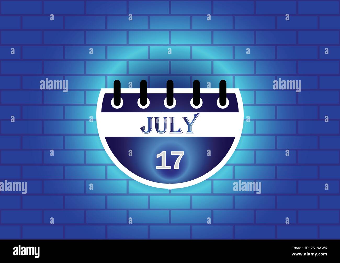 Une page de calendrier stylisée montrant le 17 juillet. Le calendrier est représenté sur un fond de mur de briques bleues, avec une lueur douce autour de lui. Illustration de Vecteur