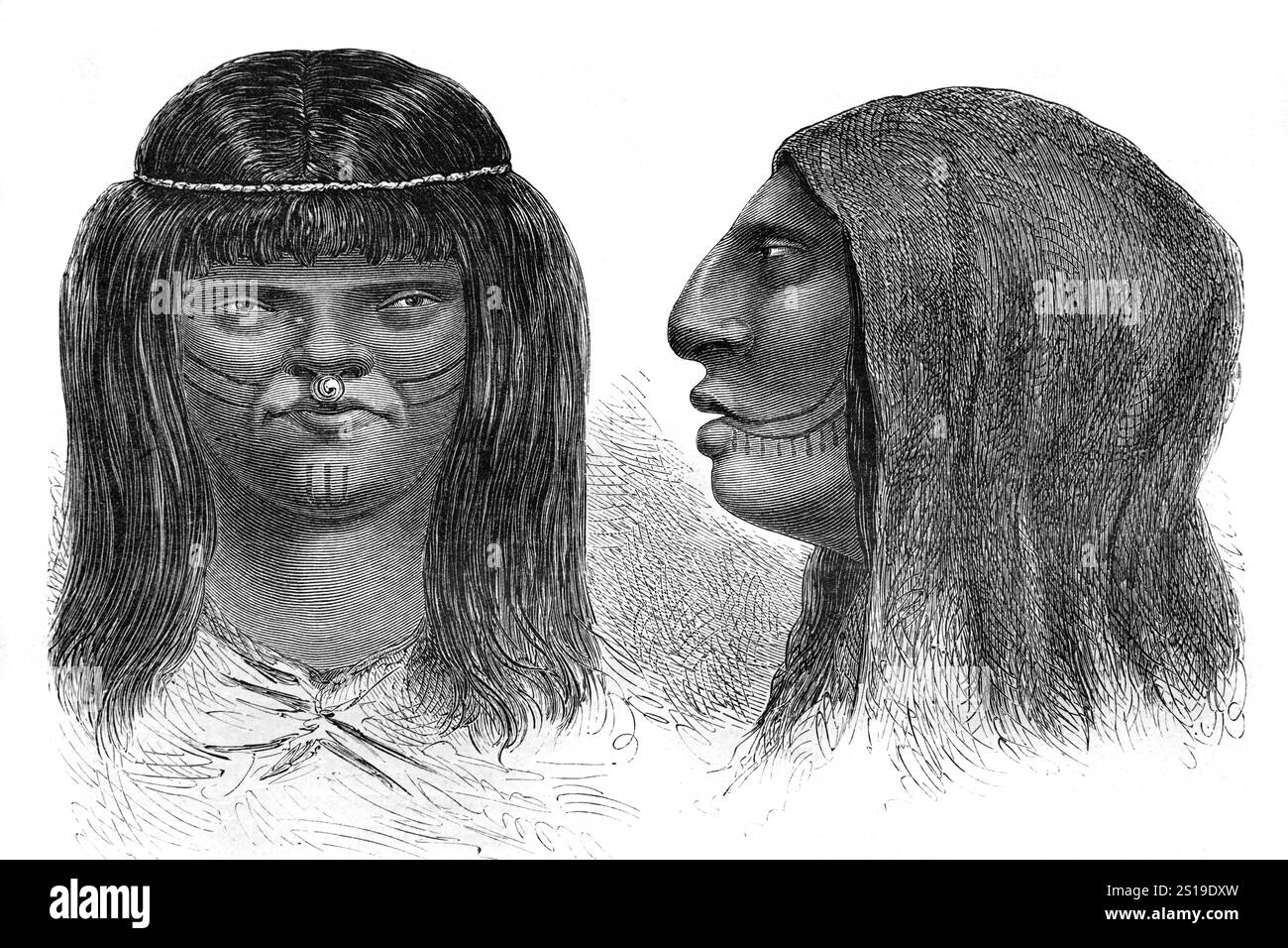 Portrait ou portraits d'Indiens Yine ou de groupe ethnique. Les Yines sont un peuple indigène du Pérou vivant le long de la rivière Urubamba dans les régions de Cusco, Loreta et Ucayali. Ils sont également connus comme Chontaquiro, Contaquiro, Pira, Piro, Pirro, Simiranch ou Simirinche. Illustration vintage ou historique ou gravure 1864 Banque D'Images