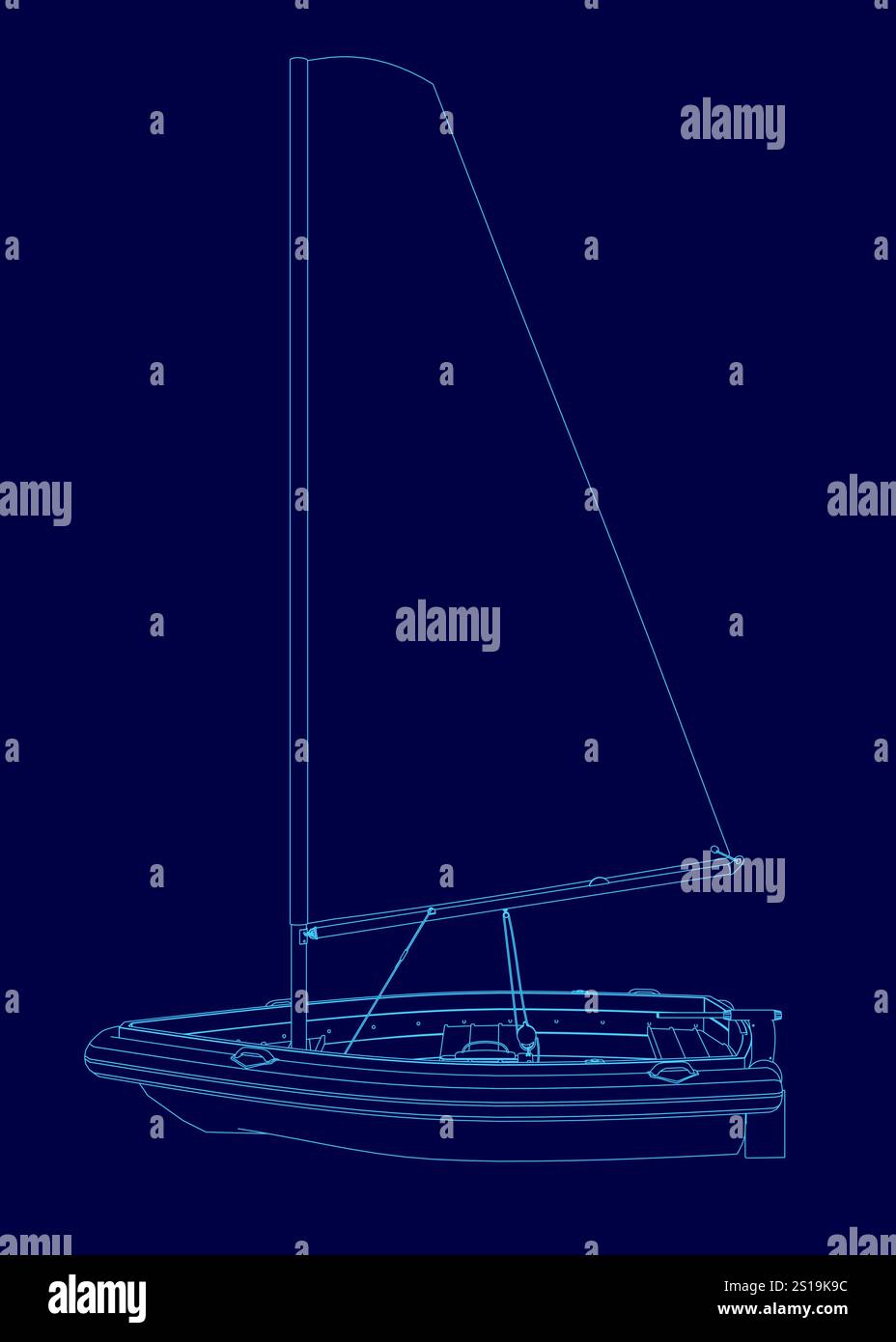 Voilier bleu est représenté dans un dessin bleu. Le bateau est petit et a une longue voile. Scène est calme et paisible, comme le voilier est représenté comme un o serein Illustration de Vecteur