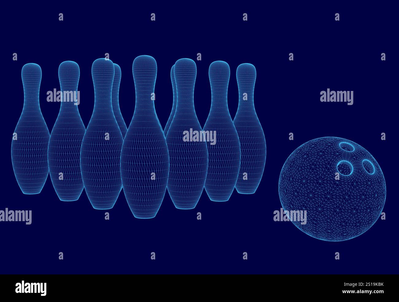 Boule de bowling est montré à côté d'une rangée de quilles de bowling. Les broches sont disposées en rangée, la première étant la plus proche de la balle Illustration de Vecteur