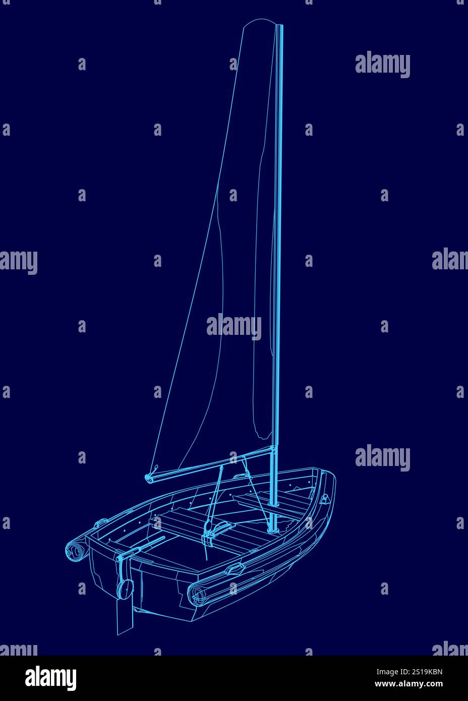 Voilier bleu est représenté sur un fond bleu. Le bateau est petit et a une voile longue et étroite. Concept de calme et de sérénité, comme le voilier est flottant Illustration de Vecteur