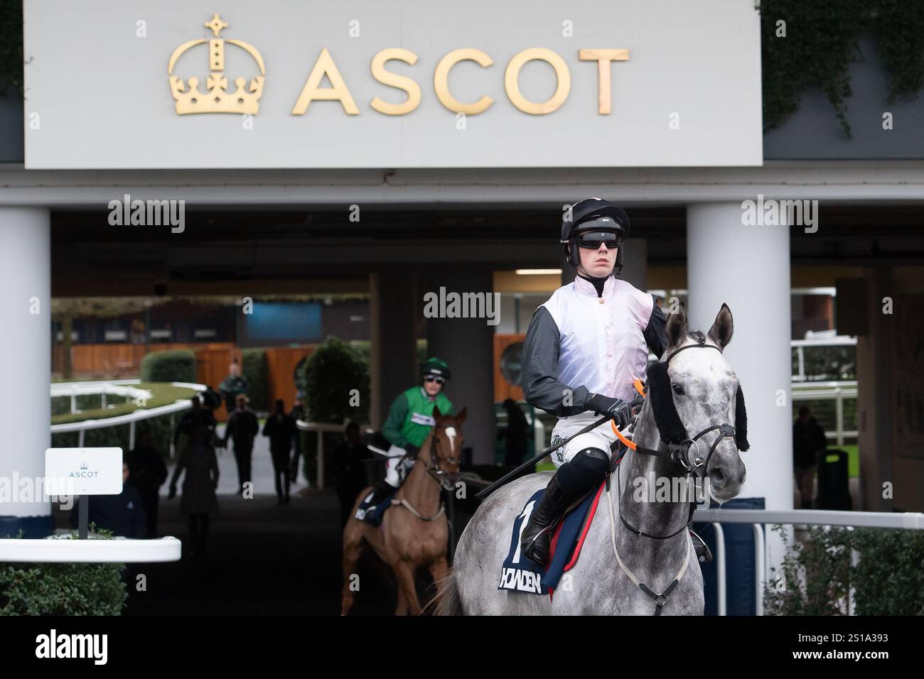 Ascot, Berkshire, Royaume-Uni. 21 décembre 2024. FIL DOR monté par le jockey Danny Gilligan se dirige sur la piste pour la course Howden Steeple Chase Class 2 GBB Race au Howden Christmas Family Raceday à Ascot Racecourse dans le Berkshire. Crédit : Maureen McLean/Alamy Banque D'Images