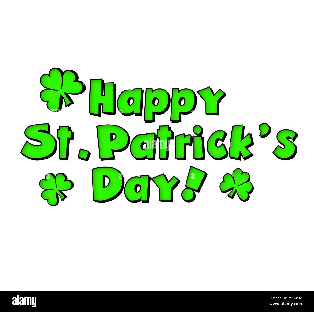 Joyeux, Patrick's Day illustration de bande dessinée en lettres vertes avec des trèfles, isolé Banque D'Images