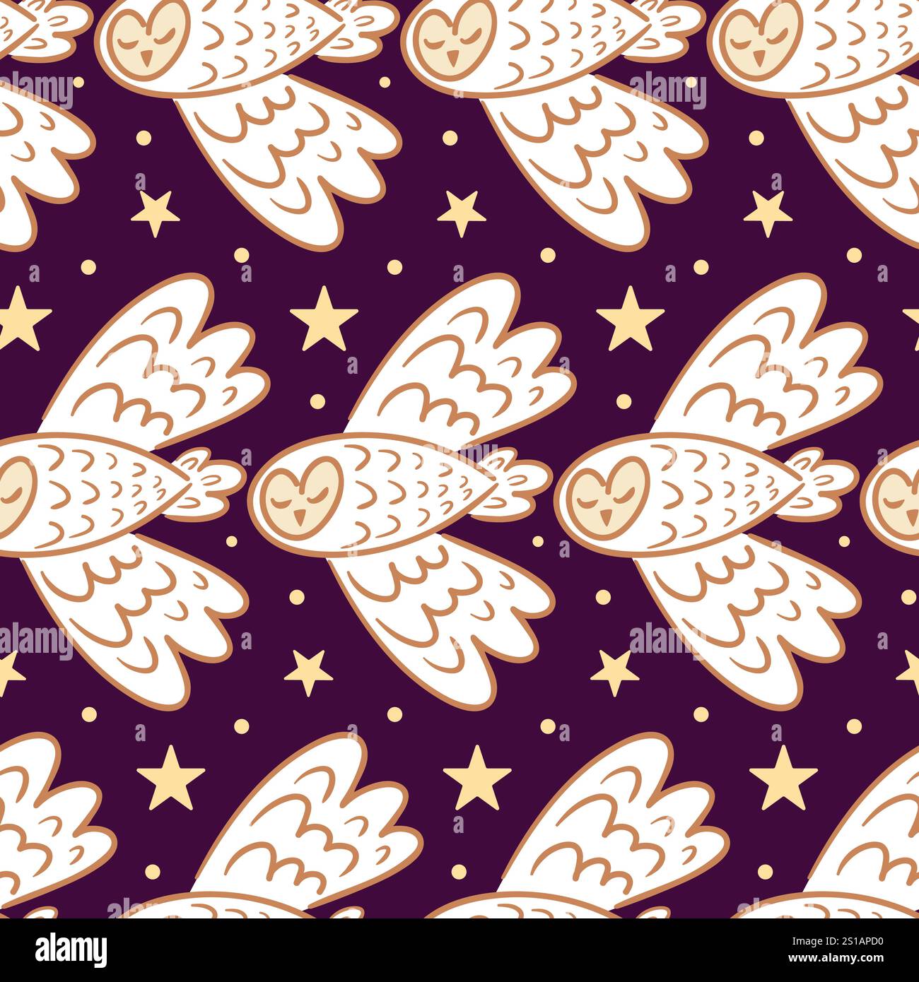 Un charmant motif scandinave sans couture avec de jolis chouettes volantes sur un ciel étoilé fascinant. Le design fantaisiste capture la magie de n Illustration de Vecteur