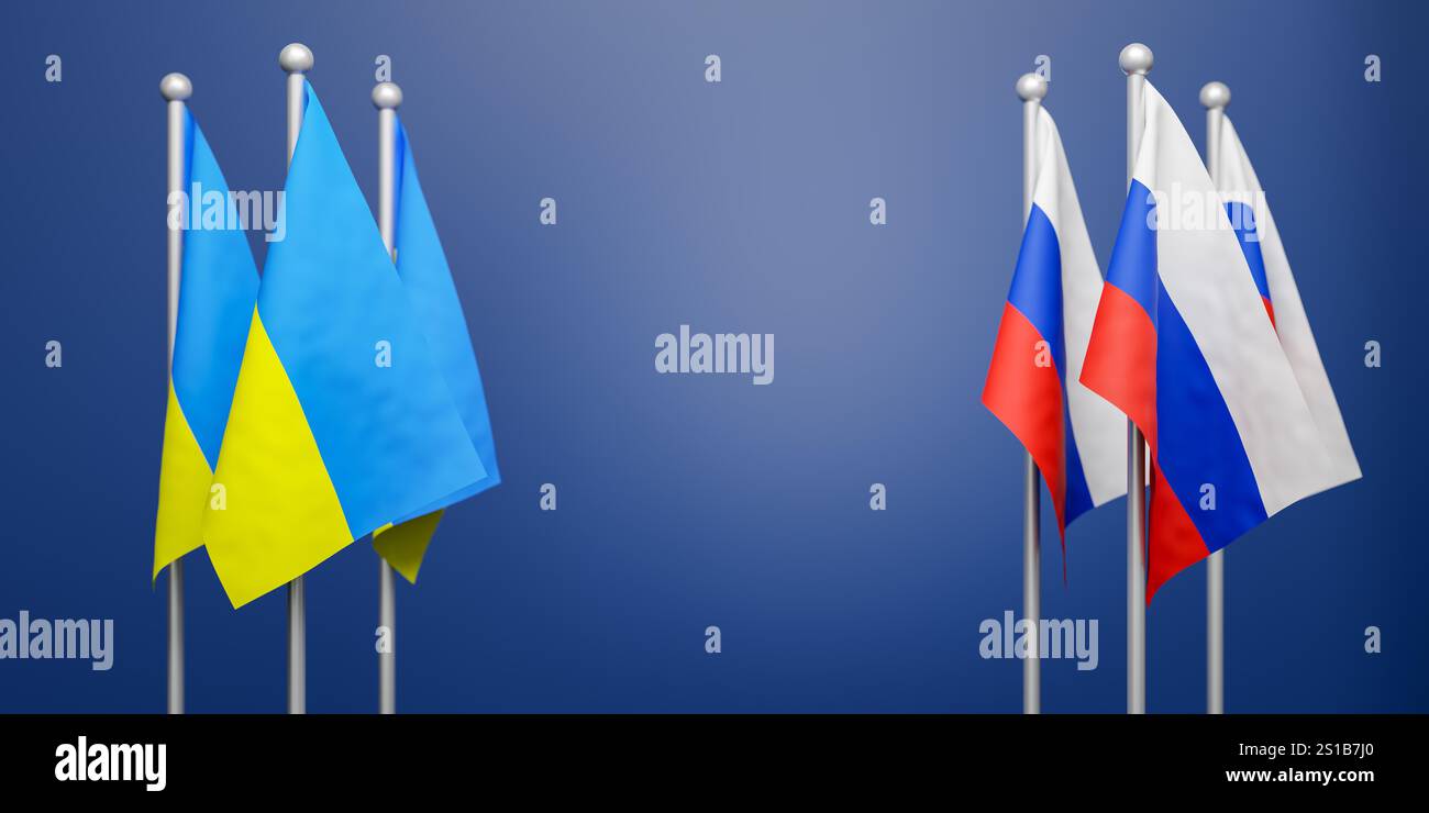 Drapeaux de l'Ukraine et de la Russie devant un fond bleu. Mise au point sélective sur les drapeaux avant. Copier l'espace au milieu. Concept des pourparlers de paix Banque D'Images