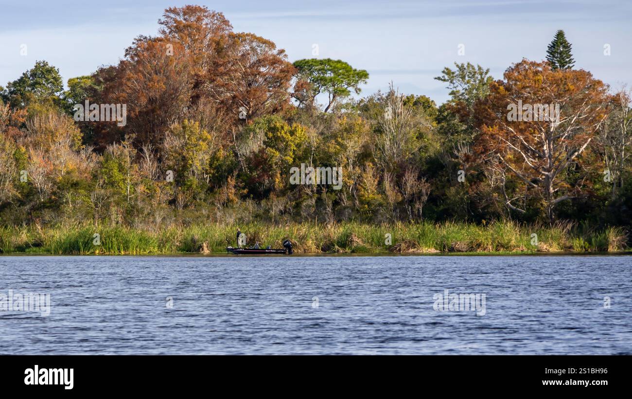 lac au premier plan avec pêcheur et bois en arrière-plan Banque D'Images