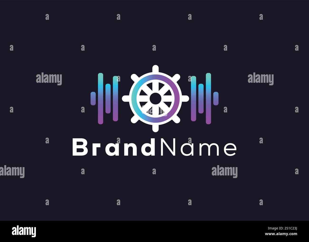 Modèle minimaliste de roue de navire et de logo de vague de musique Illustration de Vecteur