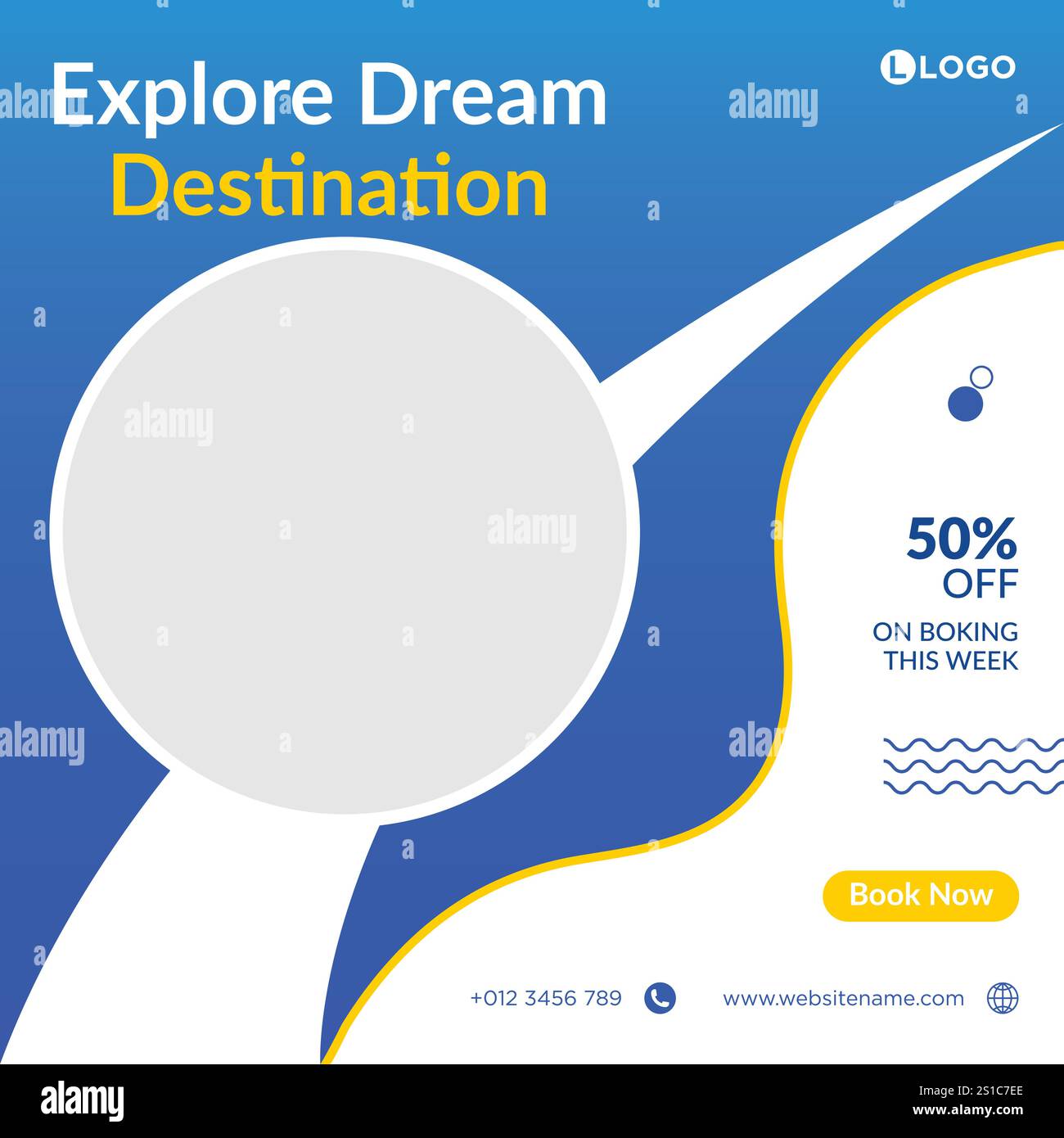 Conception de modèle de bannière de publication de médias sociaux de voyage, publication de médias sociaux de marketing de tourisme de vacances de voyage. Illustration de Vecteur