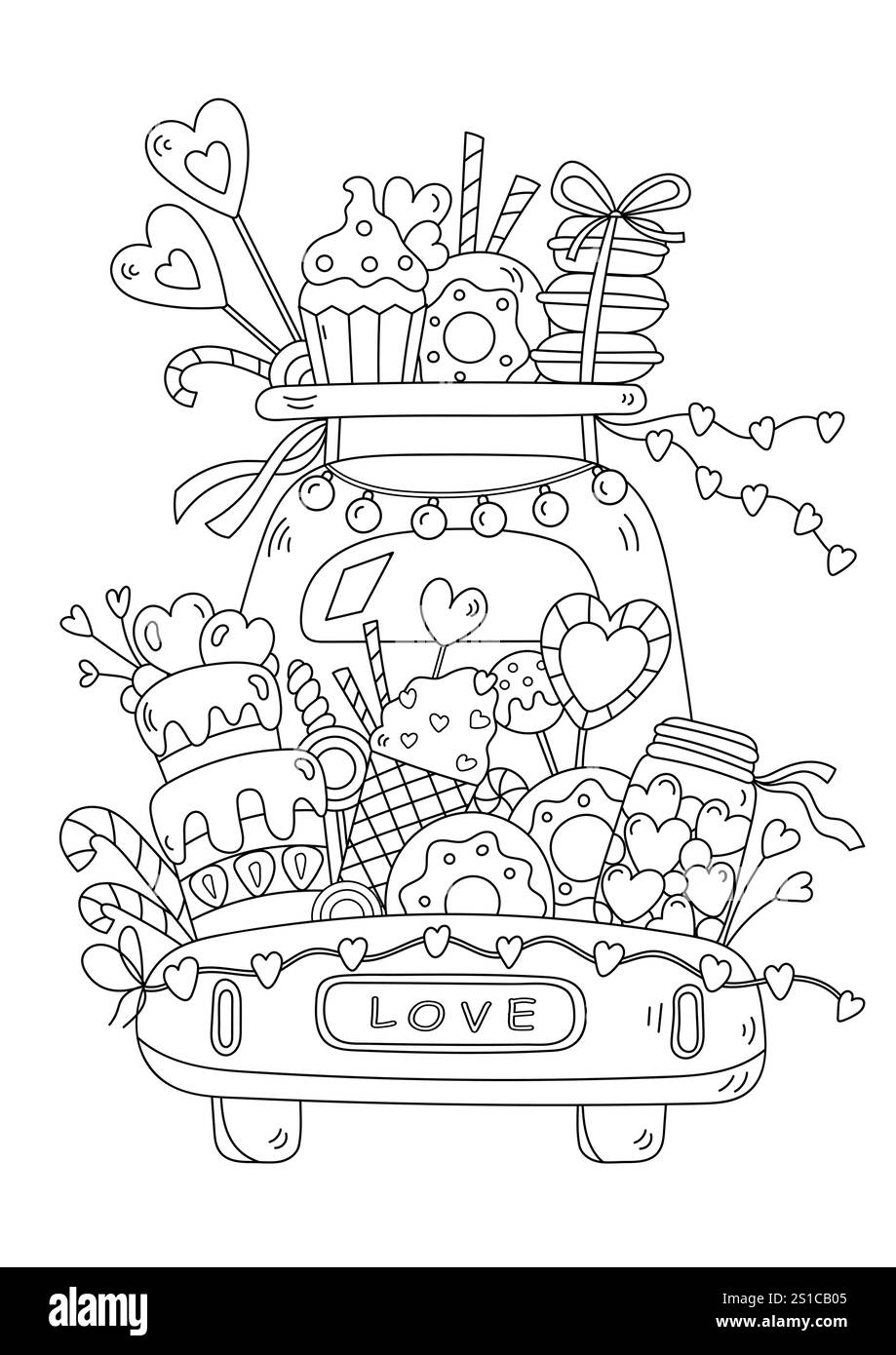 Coloriage page dispose D'Une voiture avec des bonbons pour la Saint-Valentin, fournissant un soulagement du stress pour les adultes Illustration de Vecteur