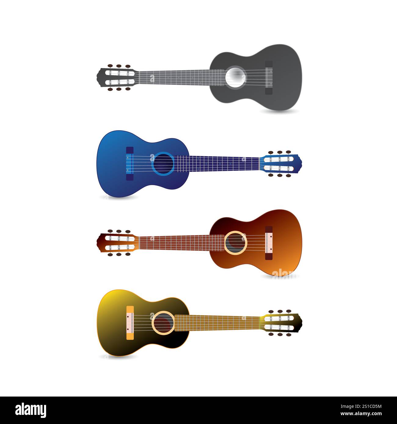 Ukulélé, illustration plate élégante de 4 petites guitares ukulélé sur fond blanc réaliste en 4 couleurs. Illustration de Vecteur