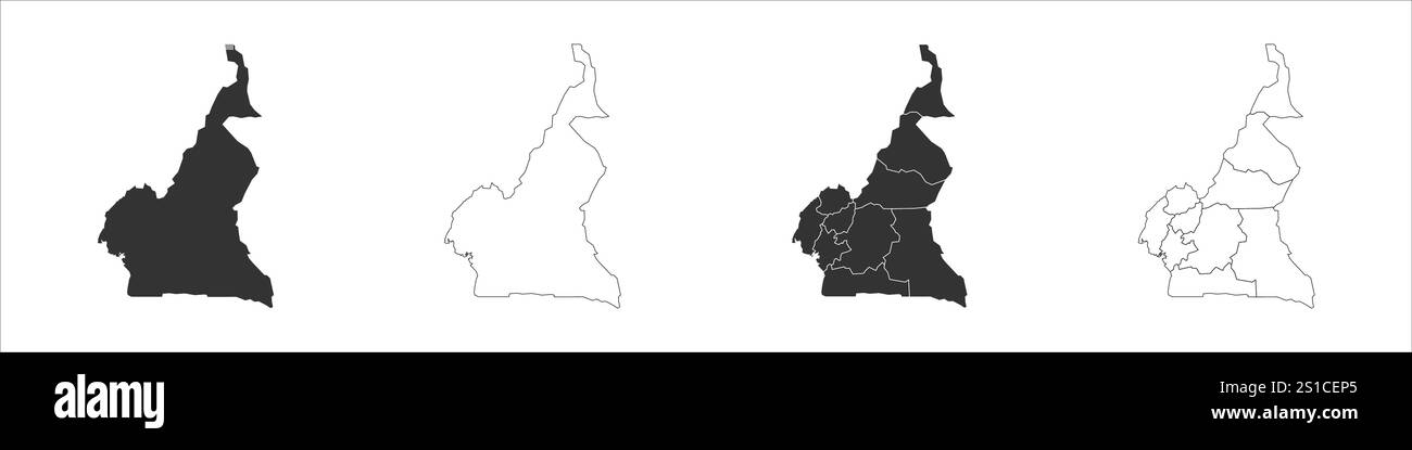 Cameroun ensemble de trois cartes - carte solide, carte de contour et carte mettant en évidence les divisions administratives. Trois cartes distinctes illustrent diverses représentations d'une zone géographique. Illustration de Vecteur