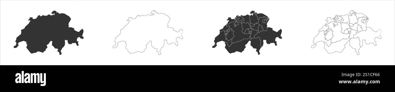 Suisse ensemble de trois cartes - carte pleine, carte de contour et carte mettant en évidence les divisions administratives. Trois cartes distinctes illustrent diverses représentations d'une zone géographique. Illustration de Vecteur