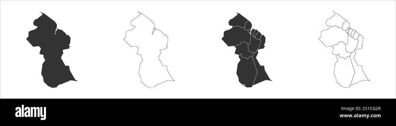 Guyana ensemble de trois cartes - carte solide, carte de contour et carte mettant en évidence les divisions administratives. Trois cartes distinctes illustrent diverses représentations d'une zone géographique. Illustration de Vecteur