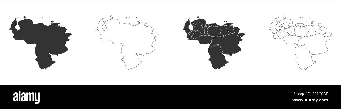 Venezuela ensemble de trois cartes - carte solide, carte de contour et carte mettant en évidence les divisions administratives. Trois cartes distinctes illustrent diverses représentations d'une zone géographique. Illustration de Vecteur