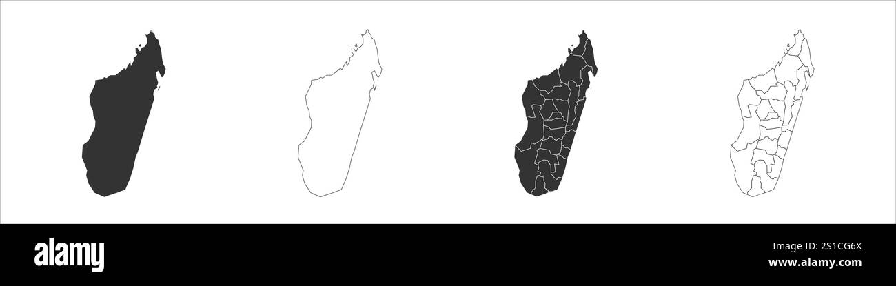 Madagascar ensemble de trois cartes - carte solide, carte de contour et carte mettant en évidence les divisions administratives. Trois cartes distinctes illustrent diverses représentations d'une zone géographique. Illustration de Vecteur