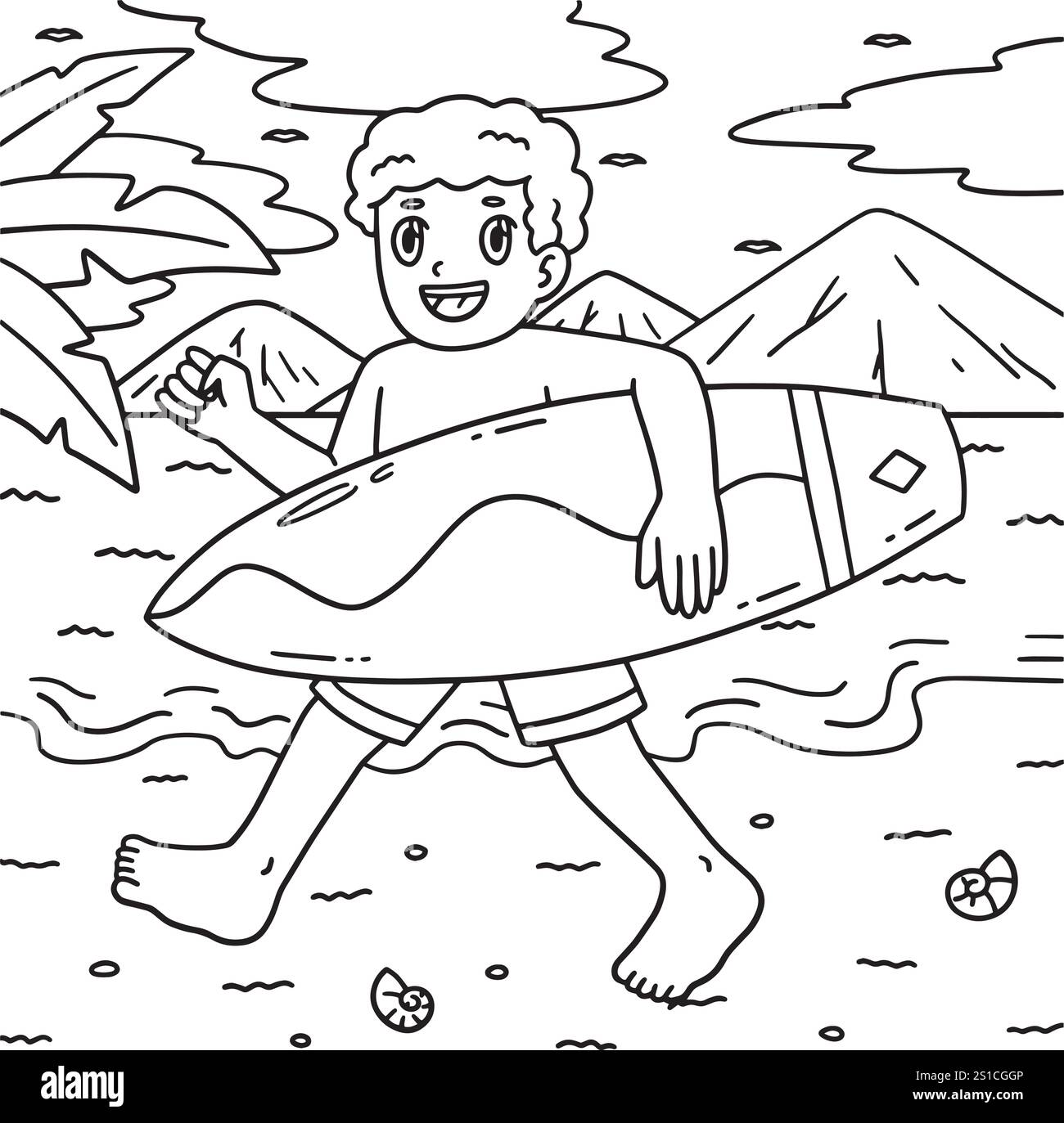 Surfboard Boy portant une page de coloriage de planche de surf Illustration de Vecteur