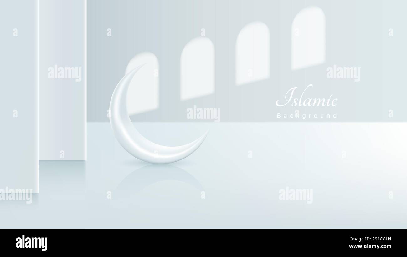 3d fond islamique blanc. croissant blanc dans la pièce avec superposition d'ombre de fenêtres Illustration de Vecteur