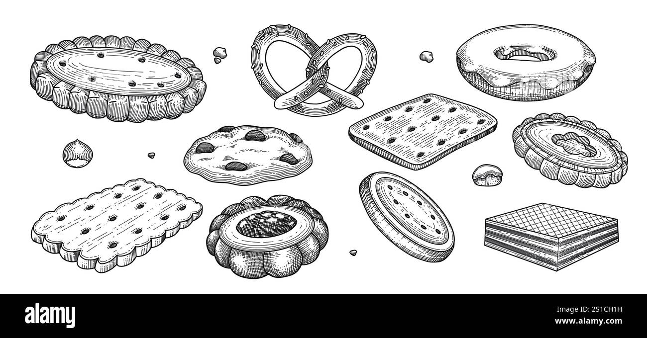 Ensemble de biscuits et biscuits doodle. Desserts, pâtisseries, craquelins, biscuits aux pépites de chocolat dans le style croquis. Illustration vectorielle dessinée à la main isolée sur blanc Illustration de Vecteur