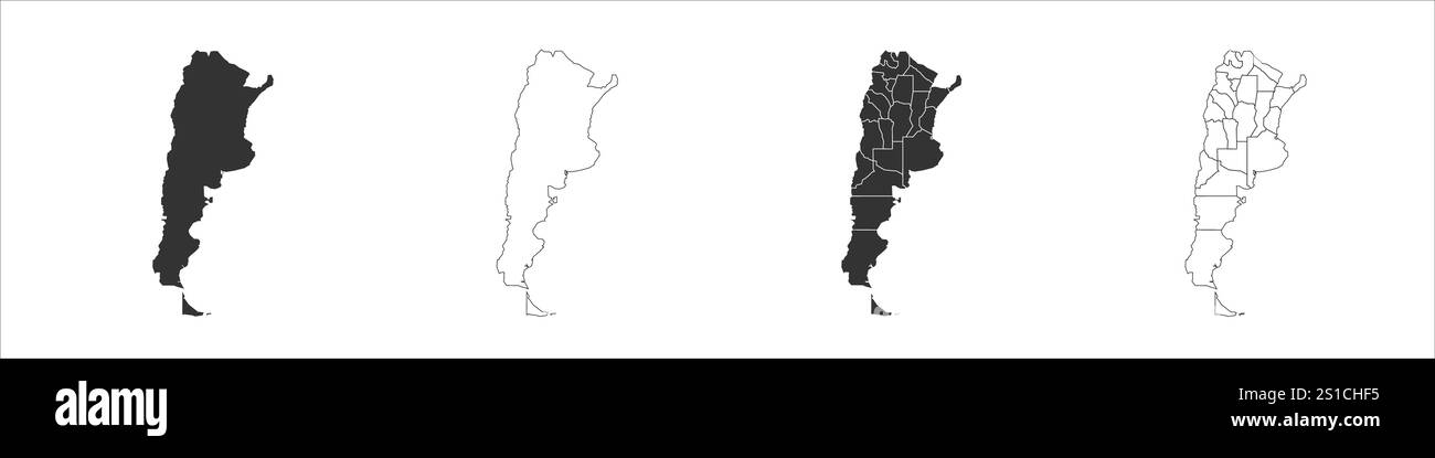 Argentine ensemble de trois cartes - carte solide, carte de contour et carte mettant en évidence les divisions administratives. Trois cartes distinctes illustrent diverses représentations d'une zone géographique. Illustration de Vecteur