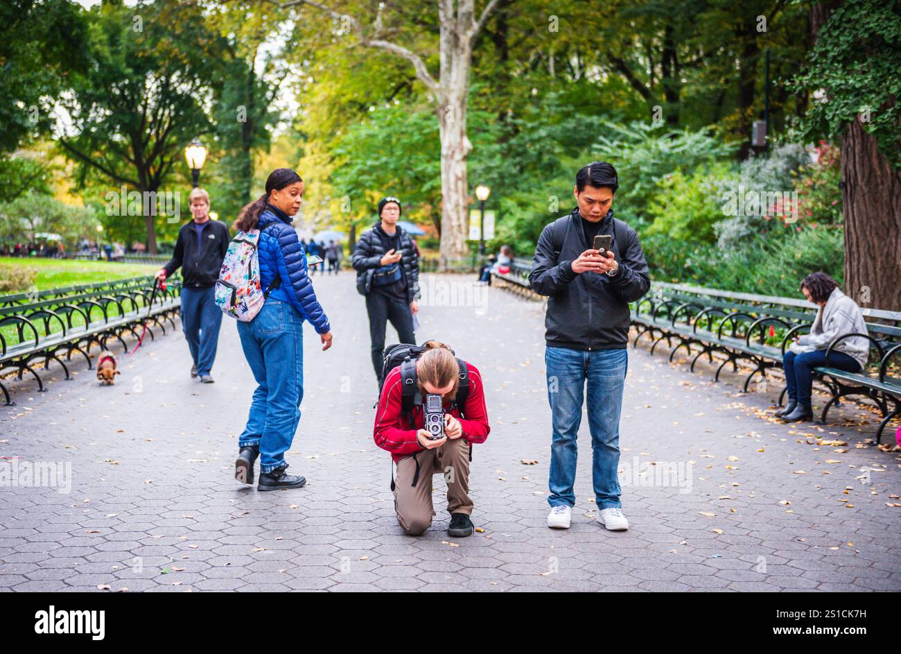 New York, NY USA - 26 octobre 2017 : deux photographes, l'un avec un Rolleflex manuel et l'autre avec un smartphone, photographient Central Park. Banque D'Images