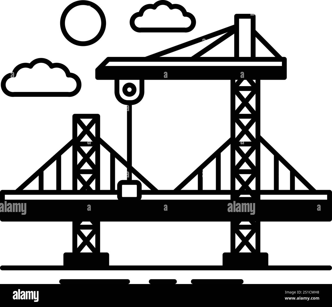 Une grosse grue soulève un gros objet au-dessus d'un pont. La grue se trouve au milieu du pont et est entourée de beaucoup de métal. Le pont est ver Illustration de Vecteur