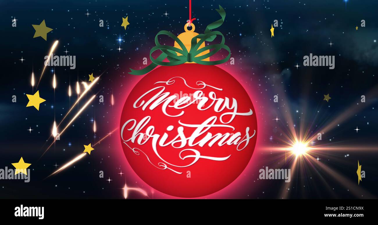 Image d'un joyeux texte de noël au-dessus d'une boule suspendue déocration contre des étoiles brillantes dans l'espace Banque D'Images