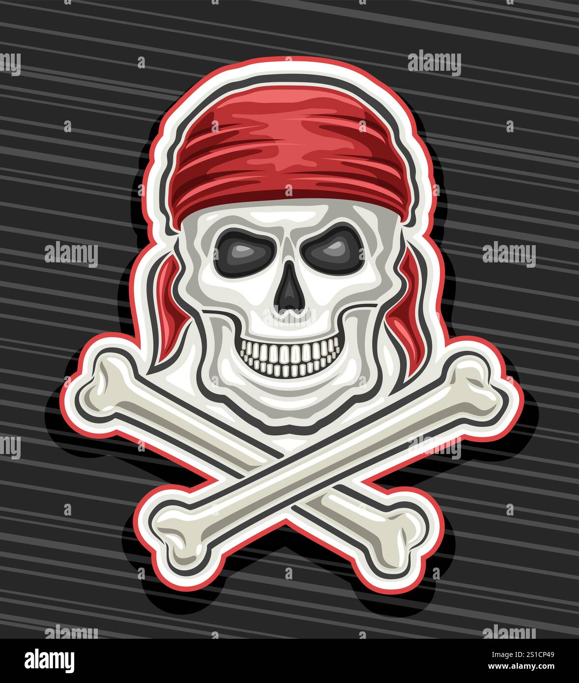 Logo vectoriel pour Pirate Skull, affiche avec illustration de crâne en vieux bandana rouge et os croisés, badge décoratif avec crâne de design d'art vintage f Illustration de Vecteur