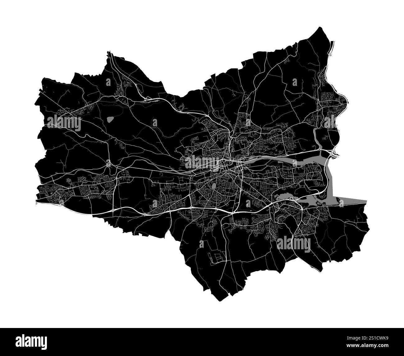 Carte de Cork, Irlande. Carte vectorielle détaillée de la ville, zone métropolitaine avec frontière. Carte des rues en noir et blanc avec routes et eau. Illustration de Vecteur