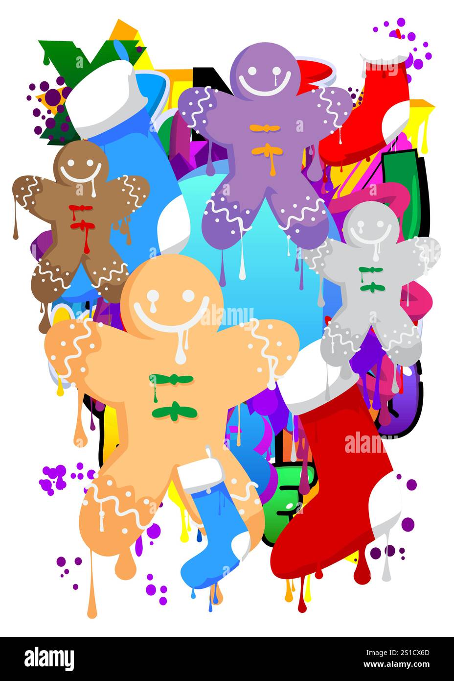 Bas de Noël et Gingerbread Man Cookie graffiti. Décoration d'art de rue moderne abstraite réalisée dans un style de peinture urbaine. Illustration de Vecteur