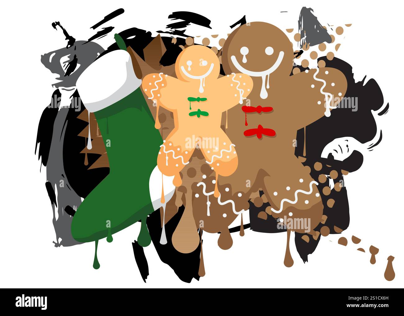 Bas de Noël et Gingerbread Man Cookie graffiti. Décoration d'art de rue moderne abstraite réalisée dans un style de peinture urbaine. Illustration de Vecteur